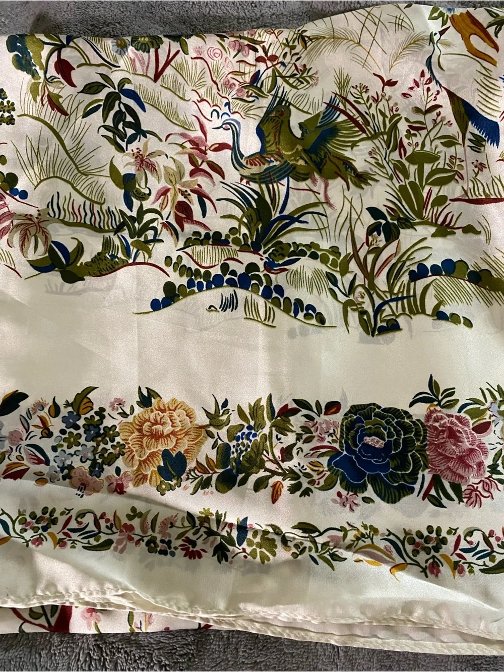 Floral Silk-Feel Scarf with Bird Motif - Cream Base